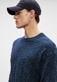 Marineblå genser med geometrisk diamantmønster, rund hals, og teksturert strikk. Komplementert med en svart caps.