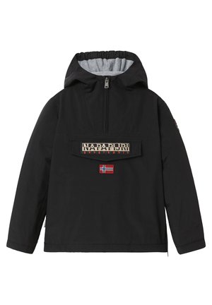 Chaqueta de tipo pulóver negra con capucha, cremallera frontal, forro gris, amplio bolsillo delantero y un detalle de la bandera de Noruega en el pecho.