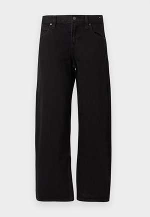 Black straight-leg jeans with five pockets, button closure, and belt loops, displayed flat on a light background.