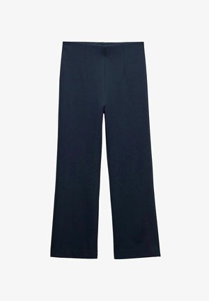 Ciemnoniebieskie spodnie o prostym kroju nogawki. Wykonane z gładkiego, elastycznego materiału, z przodu z kantem i bez widocznych kieszeni.