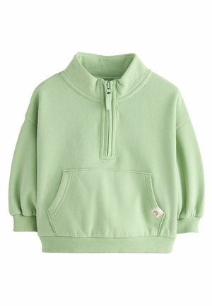 Hellgrüner Sweatshirt mit einem halbseitigen Reißverschlusskragen, langen puffigen Ärmeln, einer vorderen Kängurutasche und gerippten Bündchen. Weiche Stofftextur.