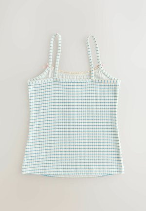 Light blue and white checked tank top with thin straps. Features a textured fabric and contrasting lace trim along the neckline.