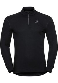 Zwart langemouwen pullover met een ritskraag, gemaakt van zacht materiaal. Beschikt over een subtiel logo en vlakke naden voor duurzaamheid.