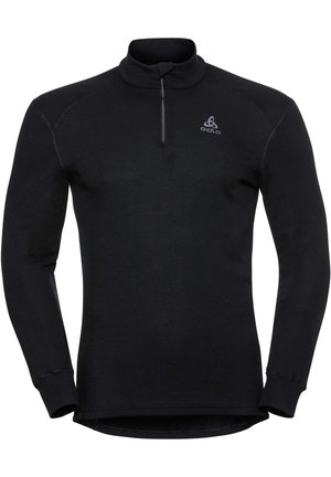 Schwarzer Pullover mit langen Ärmeln und Reißverschlusskragen, aus weichem Stoff gefertigt. Verfügt über ein dezentes Logo und Flachnähte für Langlebigkeit.
