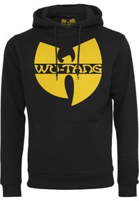 Sudadera negra con el logo amarillo de Wu-Tang en el pecho, que cuenta con un bolsillo tipo canguro, cordones y puños y dobladillo acanalados. Material de mezcla de algodón.