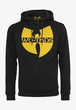 Black hoodie with yellow Wu-Tang logo on chest, featuring a kangaroo pocket, drawstrings, and ribbed cuffs and hem. Cotton blend material.