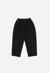Black high-waisted denim pants, tapered shape, five-pocket design, visible stitching, and a front button closure. Soft, textured fabric.