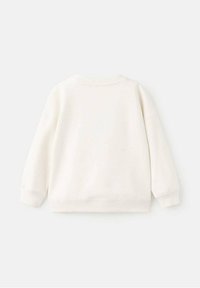 Felpa bianca lunga con maniche, con polsini a coste, scollatura e orlo, mostrata da dietro su uno sfondo grigio chiaro.