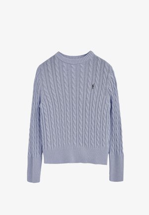 Suéter de punto trenzado azul claro con puños y dobladillo acanalados, que presenta un pequeño logo bordado en el área del pecho izquierdo.