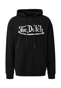 Zwarte hoodie met lange mouwen, kangoeroezak en aansnoerkoord. De hoodie heeft een opvallend wit "Von Dutch" logo op de borst.
