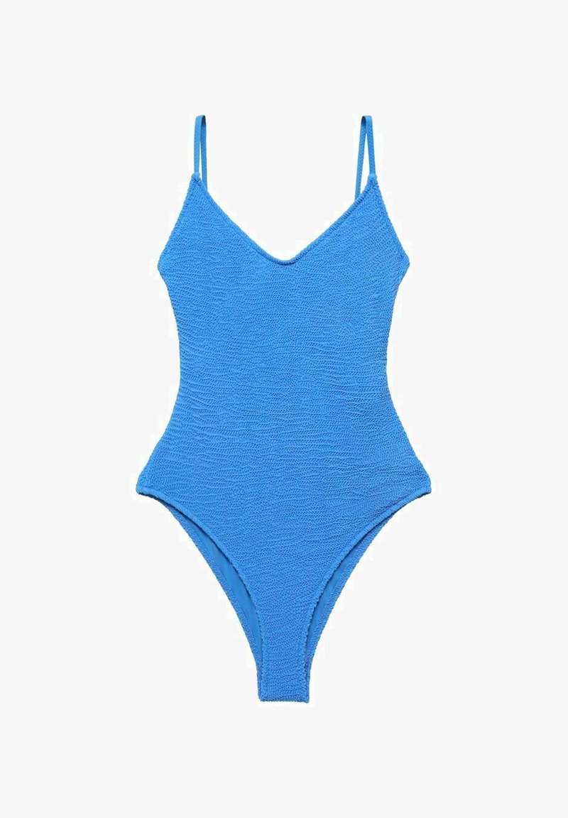 Blauwe tankini met een V-hals, dunne bandjes, textuurstof, hoge uitsneden en een nauwsluitende silhouet.