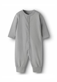 Grå baby body i mjukt tyg, med långa ärmar, tryckknappar fram och elastiska ärmhål vid anklar och handleder.