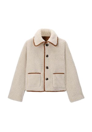 Cream-colored faux fur jacket with a brown trim, featuring a button-up front, two patch pockets, and a classic collar design.