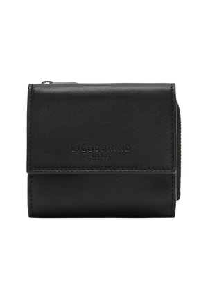 Portefeuille en cuir noir avec une finition texturée, présentant un design pliable, un logo de marque en relief et un compartiment zippé sur le côté.