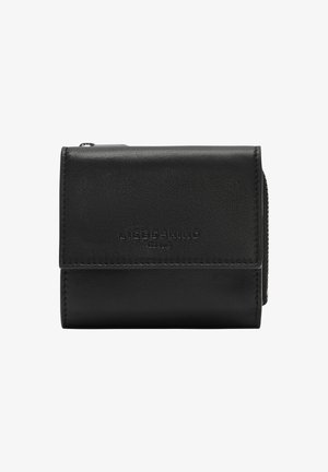 Black leather wallet with a textured finish, featuring a fold-over design, embossed brand logo, and a zip compartment on the side.