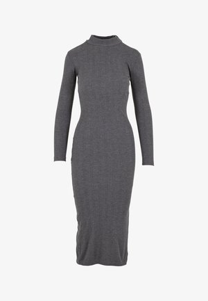 Grey, ribbed knit dress, featuring a high neckline, long sleeves, and a form-fitting, knee-length silhouette. No visible patterns or accents.
