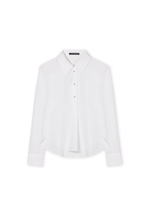 White long-sleeve shirt with a pointed collar, front button closure, and rounded hem. Made from smooth fabric with a lightweight texture.