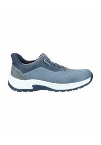 Blue athletic shoe with varying shades of blue leather and suede, white midsole, and textured rubber outsole. Features lace-up closure.