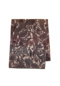 Tessuto con motivo paisley marrone e blu navy, dal tocco morbido e con bordi frangiati, che mostra intricati motivi floreali su uno sfondo chiaro.
