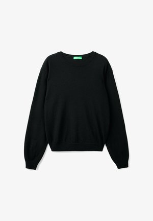 Zwarte, lange mouwen crewneck trui met geribde manchetten en zoom, plat weergegeven op een witte achtergrond.