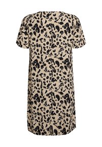 Kurzärmeliges Kleid mit lockerer Passform, in beiger Farbe mit schwarzem Leopardenmuster. Weicher Stoff.