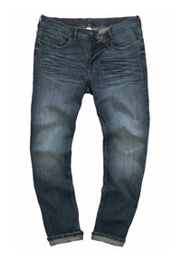 Jeans de mezclilla azul oscuro con una altura media, detalles deslavados, cinco bolsillos y puños remangados. Ligera decoloración en la tela.