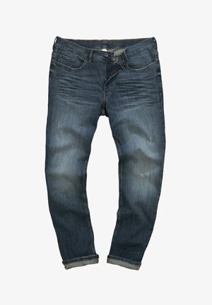 Donkerblauwe denim jeans met een gemiddelde taillehoogte, vervaagde details, vijf zakken en opgerolde boorden. Lichte slijtage op de stof.