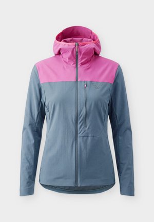 Veste à capuche bleu clair et rose avec fermeture éclair intégrale devant et poche poitrine zippée, conçue pour femmes.