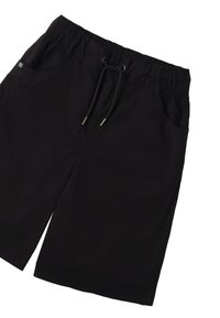 Pantalones cortos negros con cintura elástica, cordón ajustable, dos bolsillos laterales y una textura suave.
