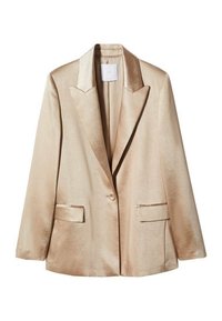 Béžový saténový blazer s klopovým límcem, zapínáním na jedno knoflík a dvěma předními kapsami. Měkká textura a dobře padnoucí střih.