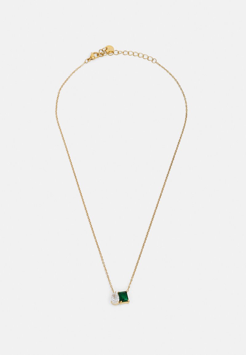 Gold chain necklace featuring a green rectangular gemstone and a clear oval gemstone, with a delicate chain and a clasp closure.