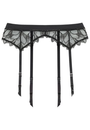 Schwarzes Spitzenband mit einem Rüschensaum und floralem Muster, ausgestattet mit verstellbaren Trägern, die mit Metallclips gesichert sind. Transparente Mesh-Überlagerung.