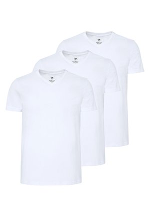 Three white cotton t-shirts with short sleeves and v-neck design. Smooth texture and simple style without patterns or accents.
