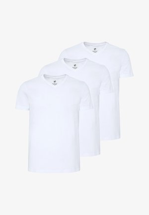 Three white cotton t-shirts with short sleeves and v-neck design. Smooth texture and simple style without patterns or accents.