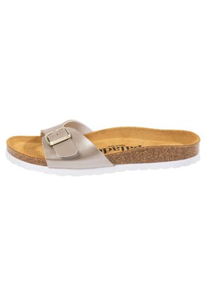 Two-strap slide sandal with a metallic beige upper, adjustable buckle, cork footbed, and white rubber sole.