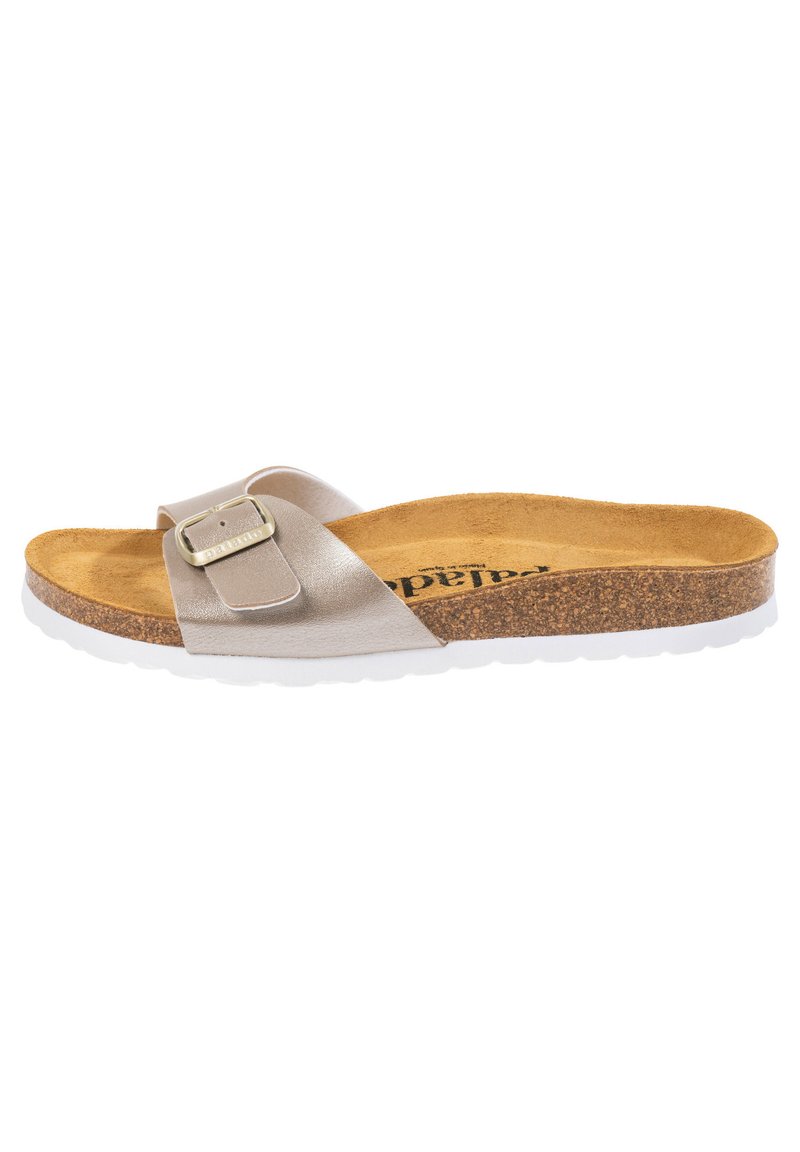 Tvåremmad slidesandal med en metallisk beige ovandel, justerbar spänne, korkfotbädd och vit gummisula.