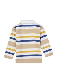 Camicetta a maniche lunghe con righe orizzontali blu, bianche, gialle e beige. Tessuto morbido con colletto classico e orlo dritto.