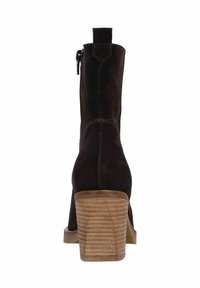 Donkerbruine suède enkellaarsjes met een geribbelde houten hak, ritssluiting aan de zijkant, en een lus aan de achterkant voor gemakkelijk aan- en uittrekken.