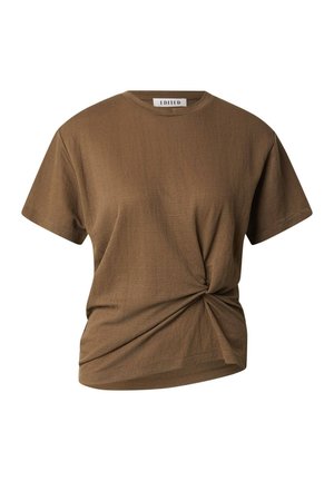 T-shirt marron à manches courtes avec un col rond et un détail torsadé froncé à l'ourlet avant.