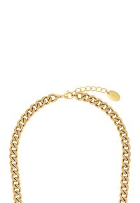 Collana di catena d'oro con grandi anelli interbloccati, finitura lucida e chiusura a moschettone con catena di estensione regolabile.