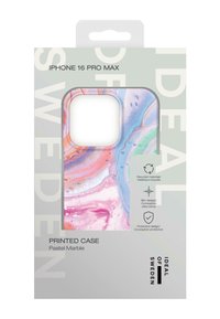 iPhone 16 Pro Max case with a pastel marble pattern featuring swirls of pink, blue, and green. Slim and protective design, made from recycled materials.