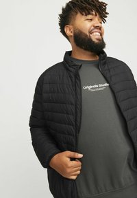 Schwarze Steppjacke mit hohem Kragen und gestepptem Muster, getragen über einem grauen Sweatshirt mit weißem Druck. Mit einer Hand geschlossen gehalten.