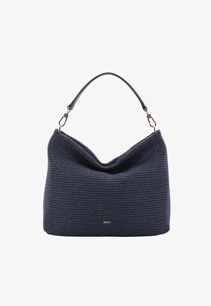 Dunkelblaues, gewebtes Täschchen mit weicher Textur, das ein geschwungenes Design und einen schwarzen Leder-Schulterriemen mit goldenen Beschlägen aufweist.