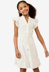 Weißes Baumwollkleid mit kurzen Rüschenärmeln, einer knöpfbaren Vorderseite, einem Zugband in der Taille und spitzenähnlichen Lochmustern.