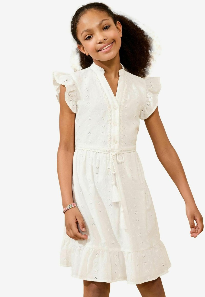 Weißes Baumwollkleid mit kurzen Rüschenärmeln, einer knöpfbaren Vorderseite, einem Zugband in der Taille und spitzenähnlichen Lochmustern.