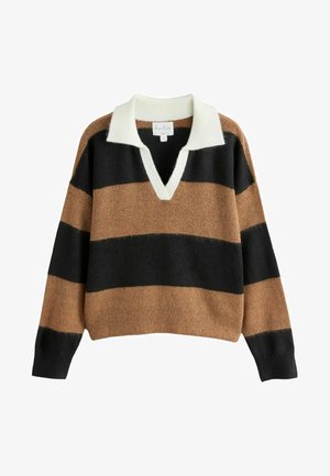 Gestreifter Pullover in Braun-, Schwarz- und Cremetönen. Mit einem V-Ausschnitt und Kragen-Design, hergestellt aus einem weichen, strukturierten Material.