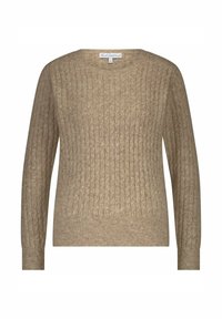 Beige gebreide trui met een textuurpatroon, lange mouwen en een ronde halslijn. Ribgebreide manchetten en zoom maken het ontwerp af.