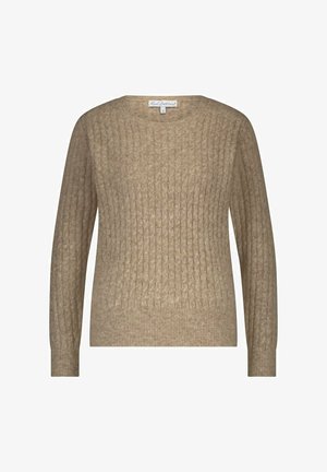 Beige gebreide trui met een textuurpatroon, lange mouwen en een ronde halslijn. Ribgebreide manchetten en zoom maken het ontwerp af.