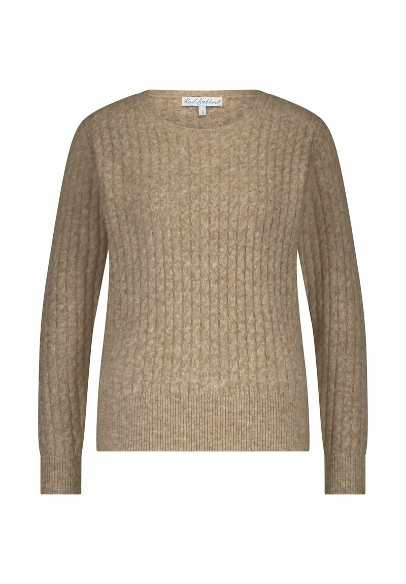 Beige gebreide trui met een textuurpatroon, lange mouwen en een ronde halslijn. Ribgebreide manchetten en zoom maken het ontwerp af.