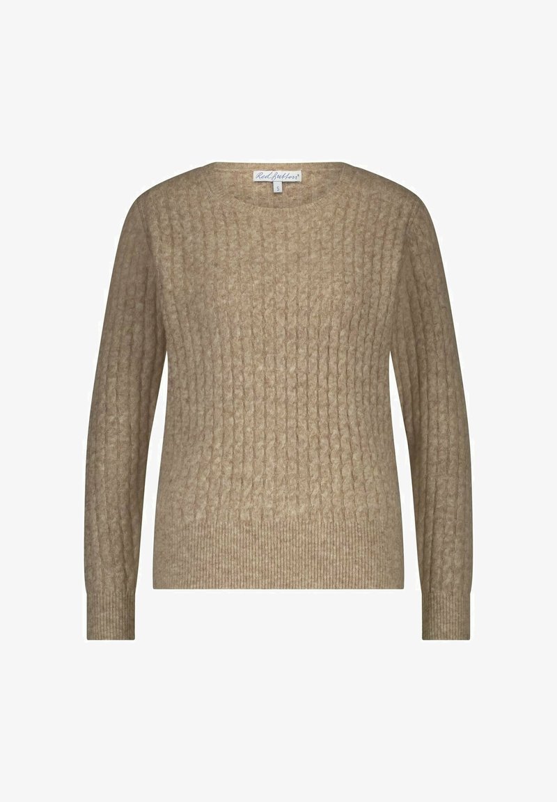 Beige gebreide trui met een textuurpatroon, lange mouwen en een ronde halslijn. Ribgebreide manchetten en zoom maken het ontwerp af.